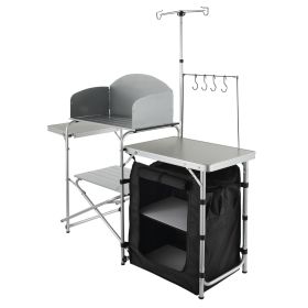 Camping Kitchen Table, Folding Outdoor Cooking Table with Storage Carrying Bag, Aluminum Cook Station 1 Cupboard & Detachable Windscreen